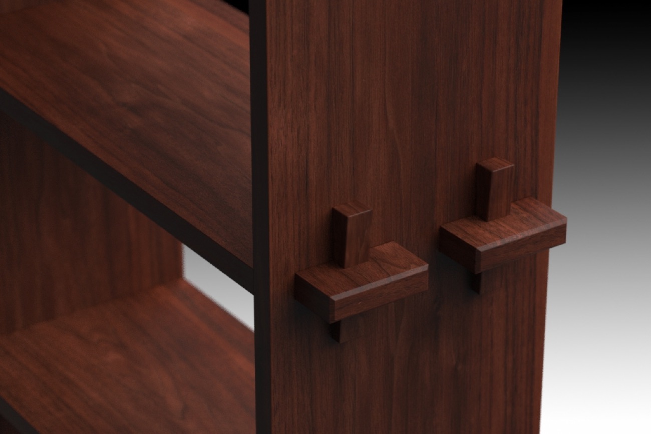 Bookcase shelves locked through the upright with wedged tusk tenons
