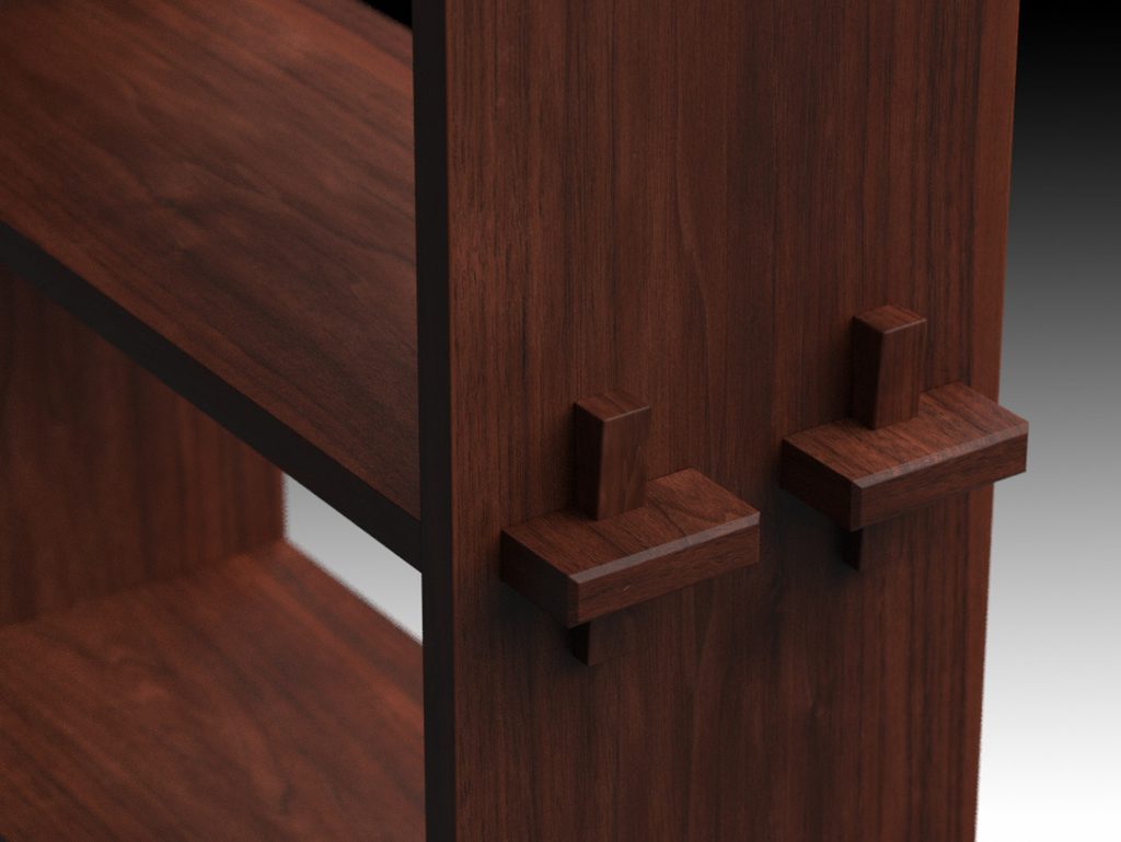 A walnut bookcase upright with two shelves locked through it by wedged tusk tenons on the outside face