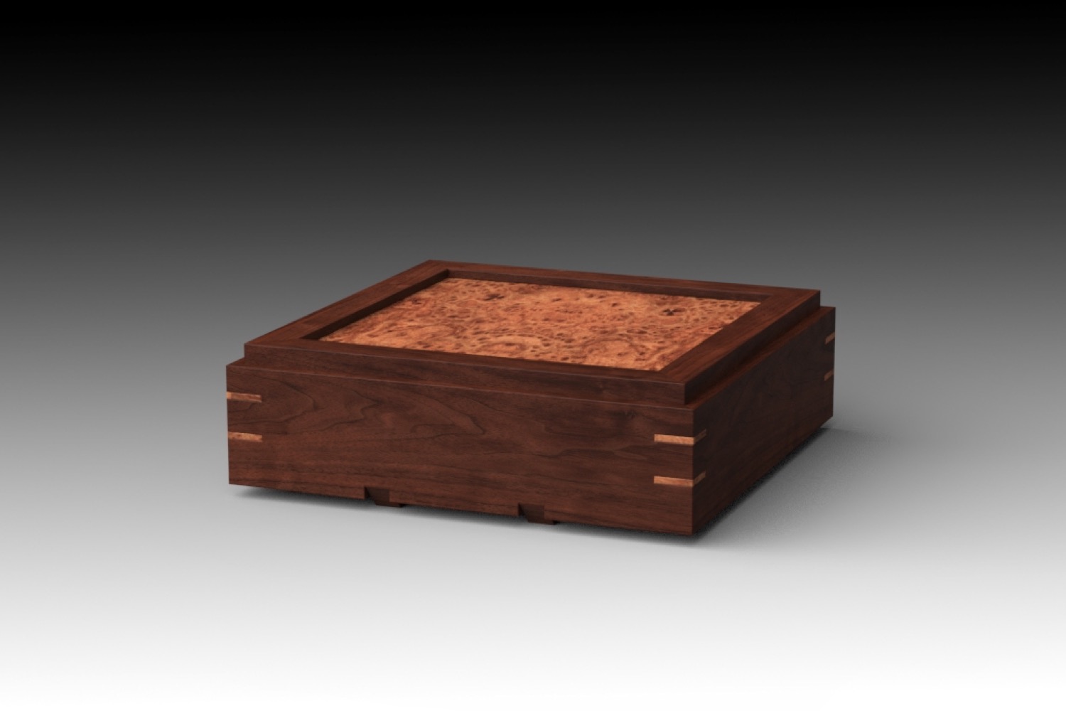 Walnut keepsake box with a burl lid and wedged spline corners