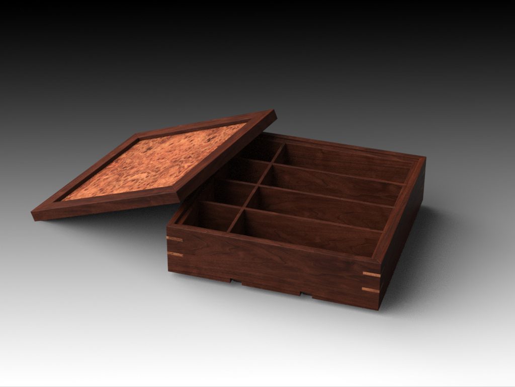 An open walnut keepsake box showing a divided interior tray and a lid framing a panel of maple burl, with contrasting corner splines