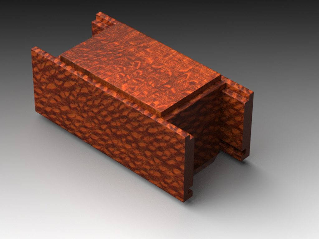 A small lacewood box with its lid lifted, the speckled lace figure carried around all four sides